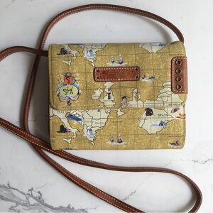 Travel by Sharif Map Print Shoulder Crossbody Bag Tan Yellow Leather Trim RARE